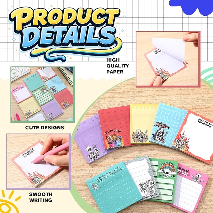9 Pads Skeleton Sticky Notes, 3x3 Inch Cute Stick Notepads | Adhesive Memo Notes Pad, Coworker Gifts, Office Supplies Decor, Desk Accessories for Students, Teacher, Meeting