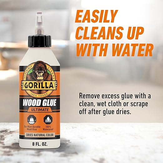 Gorilla Ultimate Waterproof Wood Glue, Natural Wood Color, 8 Ounce (Pack of 1) - Waterproof for Indoor or Outdoor Projects and Repairs