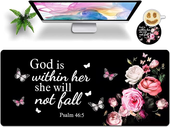 Extended Large Gaming Mouse Pad with Coaster - 35.4 x 15.7 Full Desk Mousepad - Stitched Edges - Ultimate Gaming Desk Mat - Bible Flowers