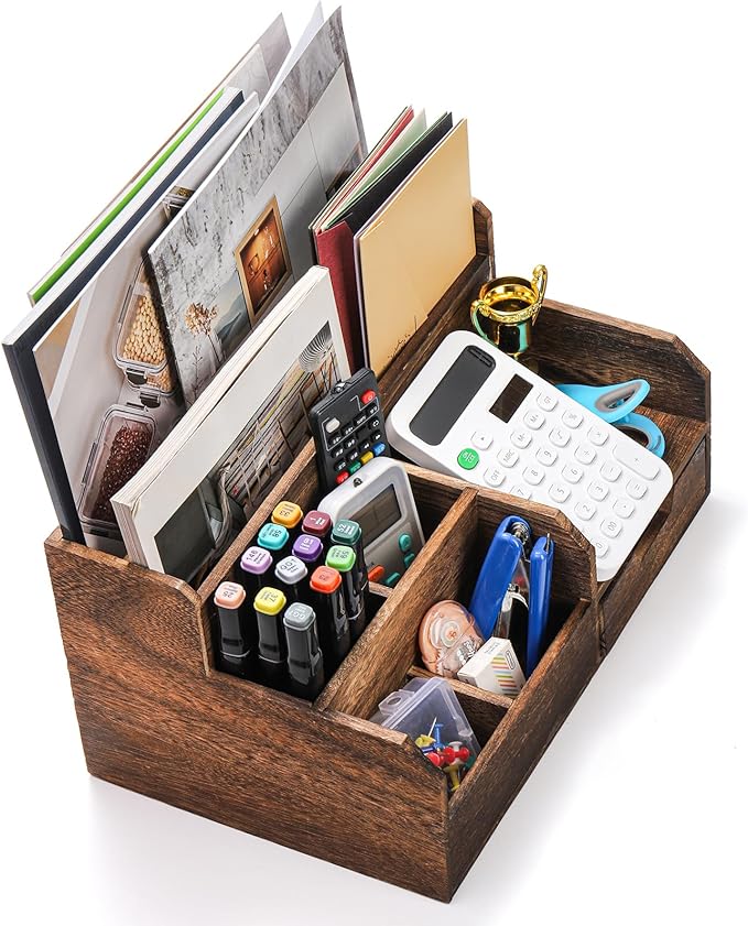 Brown Wooden Mail Organizer, Desk Organizer with 7 Compartments and Drawer, Rustic Mail Sorter with Pen Holder, Tabletop Mail Basket, Office Accessories Holder for Pen File Letter Document