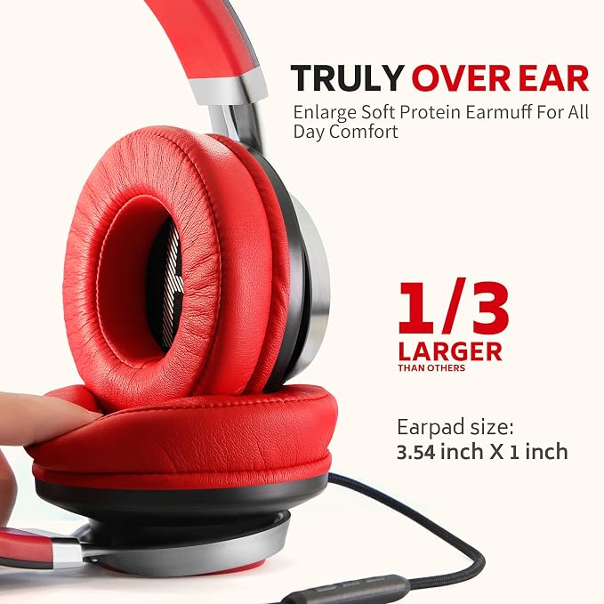 AC01 Over Ear Headphones Wired with Mic Volume Control, 3.5mm Jack | Corded Stereo Headsets for Adults Teens Kids Headphones for School Classroom Chromebooks Laptop Tablets Travel, Black Red