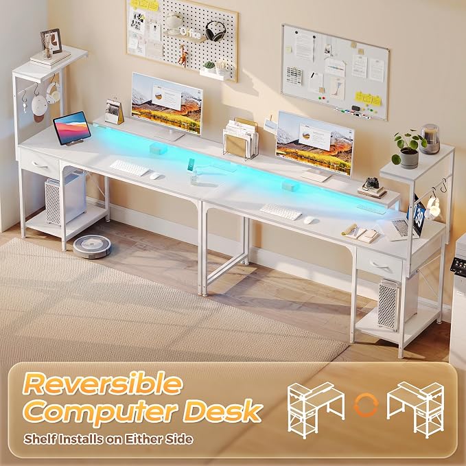 55.1 Inch Gaming Desk with LED Lights & Power Outlets | Computer Desk with Drawer & Storage Shelves, Office Writing Desk with Monitor Stand for Work from Home, White
