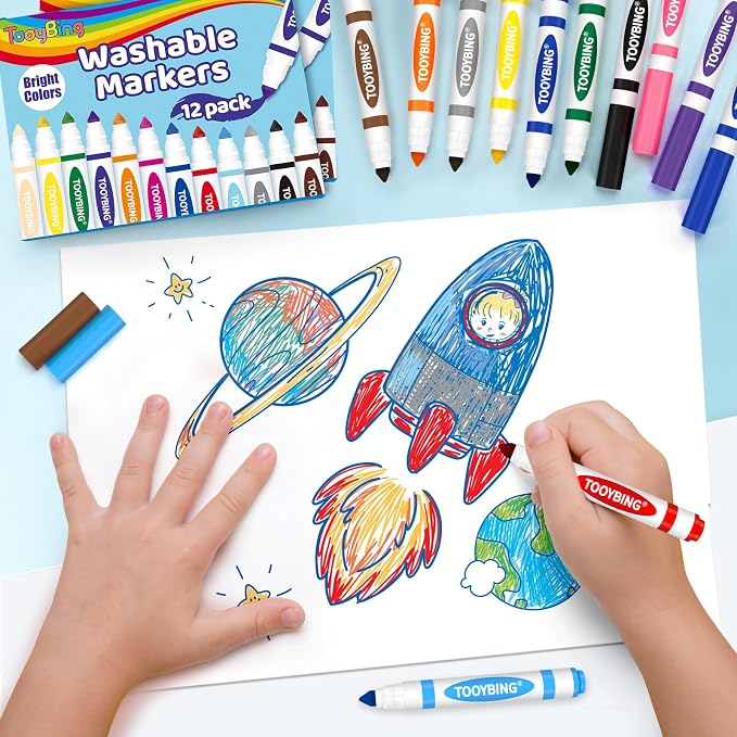 12 Count Washable Markers for Kids, Broad Line Markers with Conical Tip, Assorted Colors, Drawing Essentials for School Classroom, Student Teacher Must Have for Coloring Book, Art & Craft Supplies