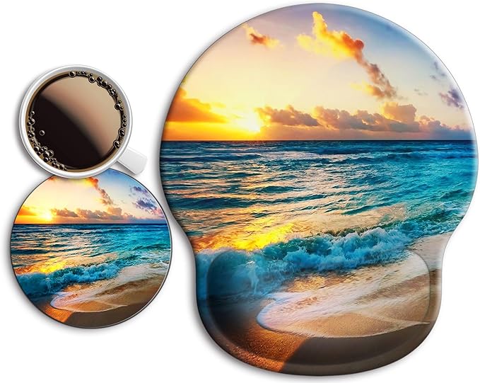 Ergonomic Mouse Pad with Wrist Support Rest,Large Mousepad Gel Wrist Rest, with Coaster Non-Slip & Pain Relief for Computer, Desk, Home&Office-Ocean Sea