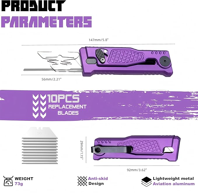 5.8" Aluminium Utility Knife, EDC Box Cutter with Clip, CNC Unibody, Lightweight All Metal Folding Box Cutter, Ideal Gifts for Men Women, with 10 Extra Blades（Purple）