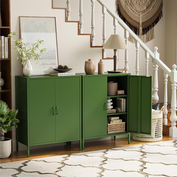 COFaR Forest Green Metal Cabinet, 40” Kitchen Pantry & Coffee Bar Cabinet, 3-Tier Adjustable Shelf Organizer with Magnetic Doors, Rustic Modern Sideboard for Dining Room, Home Office