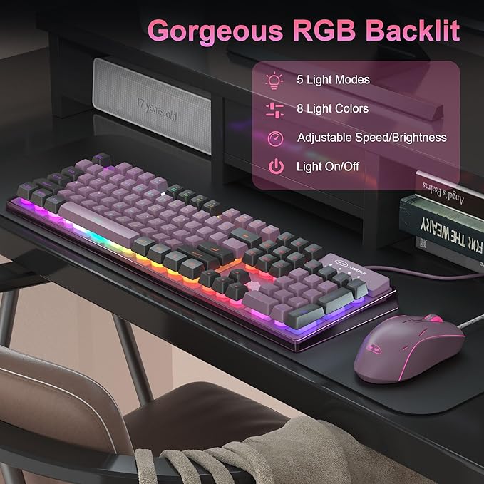 Gaming Keyboard and Mouse Combo, K1 RGB LED Backlit Keyboard with 104 Key Computer PC Gaming Keyboard for PC/Laptop (Blackcurrant)