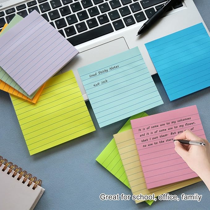 9 Pads Lined Sticky Notes 4x4 in Post, 9 Multi Colors Super Sticking Power Memo Pads, Strong Adhesive, 4x4 Sticky Notes Large Eeay for Office, School, Home Use