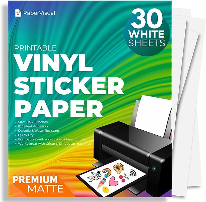 Premium Printable Vinyl Sticker Paper for Inkjet and Laser Printer - 30 White Matte Sticker Paper Waterproof - Excellent Adhesion Paper 8.5 x 11, Fast Dry, Holds Ink Well, Great for Cutting Machines
