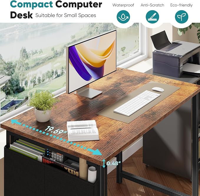 OLIXIS Small Computer Desk, 40 Inch Gaming Desks for Home Office | Writing Study Craft Work Table, Computer Workstation for Bedroom Small Spaces with Storage Bag, Brown