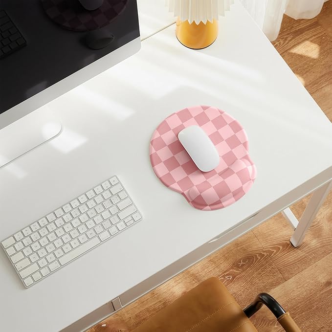 Coral Pink Checkered Mouse Pad with Gel Wrist Rest, Wrist Support, Ergonomic Desk Accessories for Women, Office Laptop Gaming Decor, Cute Aesthetic Check Design