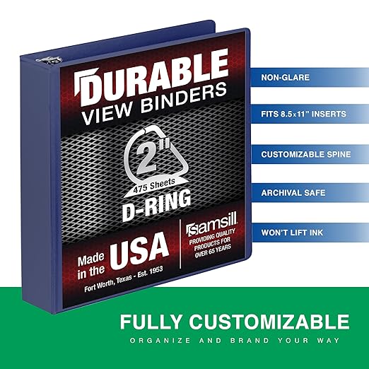 Samsill Durable 2 Inch Binder, D Ring Binder, Customizable Clear View Cover, Midnight Blue, Holds 475 Pages