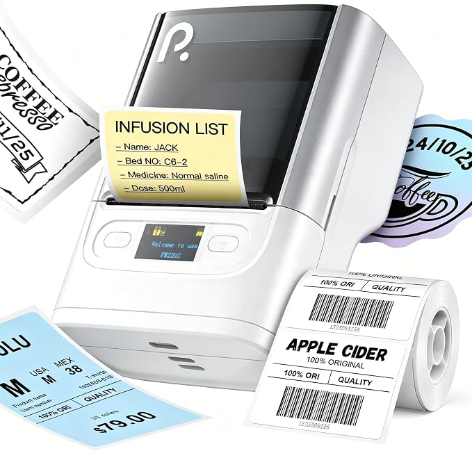 POLONO PM220S Bluetooth Thermal Label Maker, Portable Sticker Printer with 2'' x 1.18'' Label Tape, Easy to Use Label Machine for Home Office Business, Cream