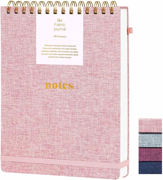 B5 Top Spiral Notebook, Fabric Hardcover Steno Pads | College Ruled Journal, Elastic Band & Pen Holder, 100GSM Thick Paper, 192 Lined Pages for School, Travel (Pink)