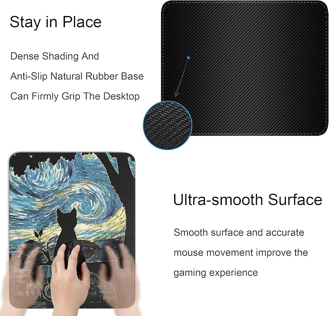 Cute Black Cat Square Mouse Pad,Aesthetic Cat Mouse Pads for Wireless Mouse Desk Accessories,10"X8" Travel Mousepad with Non-Slip Rubber Base, Stitched Edge Mouse Pads for Desk,Computers,Laptop,Office