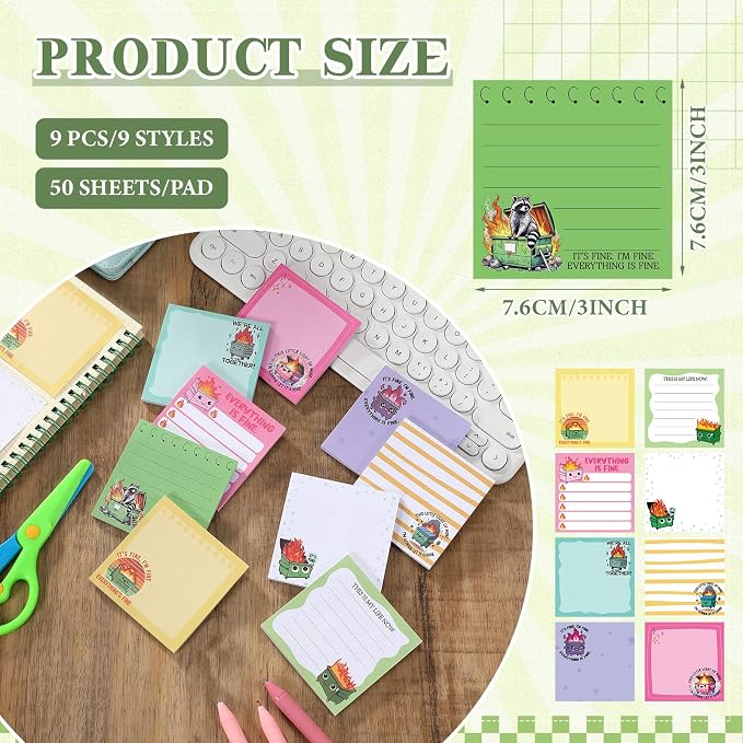9 Pads Dumpster Fire Sticky Notes, 3x3 Inch Cute Stick Notepads | Adhesive Memo Notes Pad, Coworker Gifts, Office Supplies Decor, Desk Accessories for Students, Teacher, Meeting