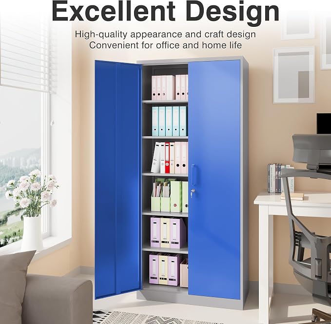 Metal Cabinet with 5 Adjustable Shelves,6 Tier Garage Storage Cabinet with Lock,Gray Blue Metal Storage Cabinet with Locking Doors,Steel Cabinets,71" Lockable Storage Cabinets for Home,Office,Garage