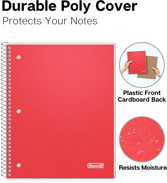 Dunwell 1 Subject Spiral Notebook (Red), Plastic Cover, 100 Sheets (200 Pages) 8x10.5 Paper, Wide Ruled for Easy Writing, 3-Hole Punched Perforated Pages, Poly Pocket Dividers | 100 Sheets (200 Pages), Wide Ruled Paper, Poly Pocket Dividers, 3-Hole Pun...