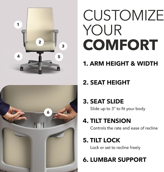 HON Ignition 2.0 Ergonomic Office Chair, Lumbar Support, Desk Chair, Linen | Ergonomic office desk chair with lumbar support, adjustable arms, office decor, workstation comfort for focused productivity