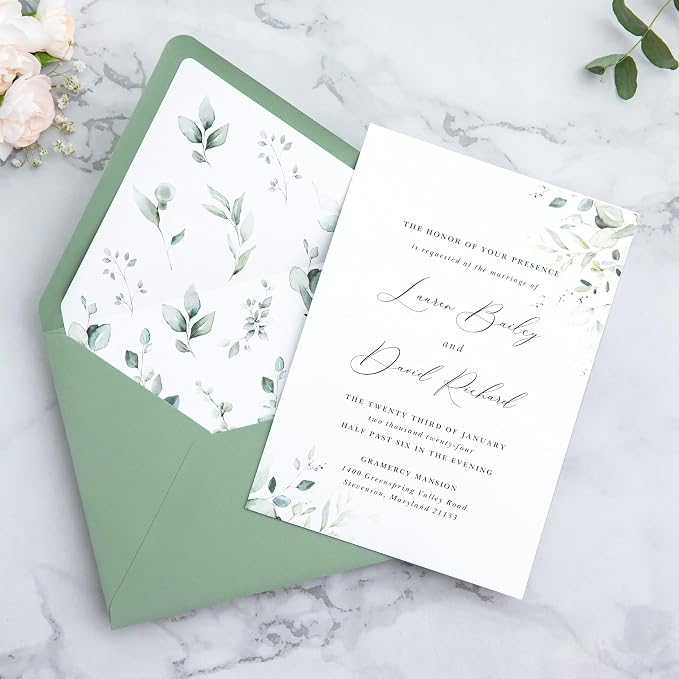 PONATIA 50PCS A7 Euro Flap Envelopes, 5.25 x 7.25'' Liner Envelope For 5x7'' Weddings Invitation Cards, Christmas Gift Cards, Acrylic Invitations, Photos (Sage Green & Green Leaves)