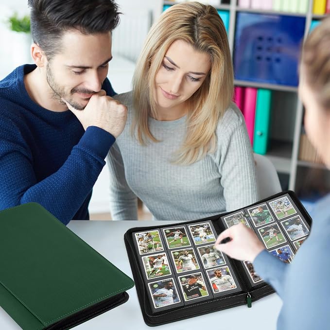 360 Cards Ringless 9-Pocket Side Loading Trading Card Binder, PU Zipper Fixed Page Card Album for TCG Sports Cards, Not Fit Top Loaders (DARKGREEN)