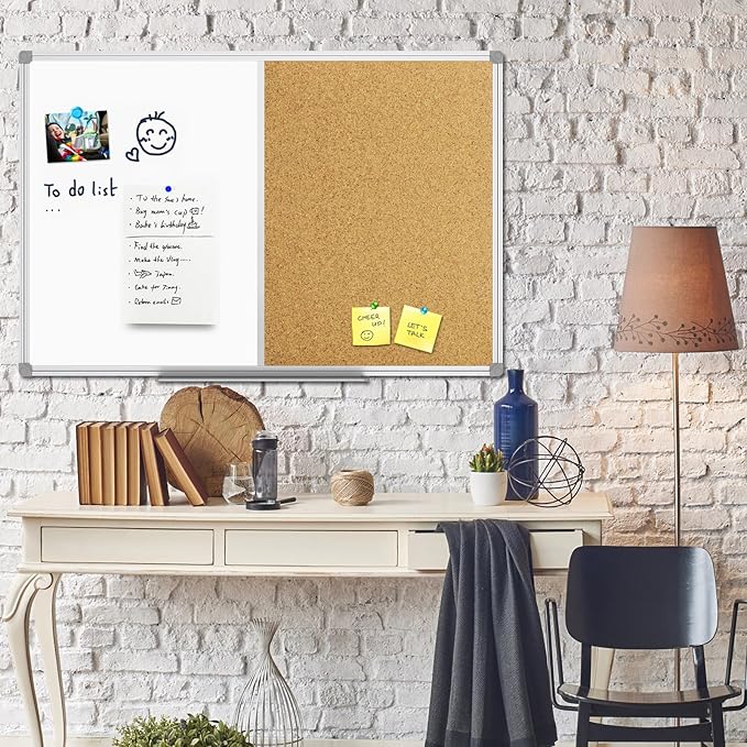 JILoffice White Board & Bulletin Corkboard Combination, Combo Board 36 x 24 Magnetic Whiteboard, Silver Aluminum Frame Wall Mounted Board for Office Home and School with 10 Push Pins