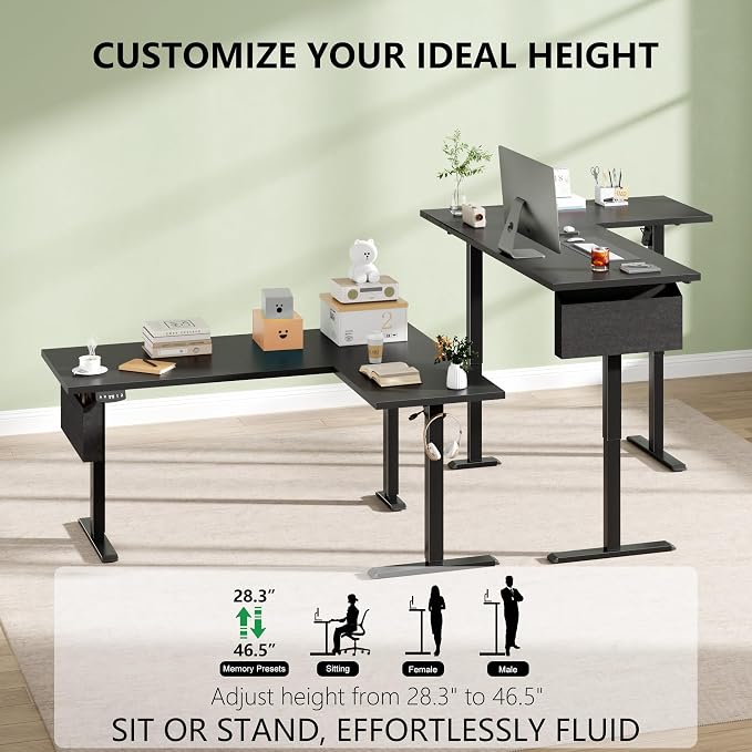 Korfile 63" L Shaped Standing Desk, Height Adjustable, LED, Memory Presets | Reversible, Ergonomic Sit to Stand Computer Desk with Headphone Hook for Home, Office and Workstation, Dark Black