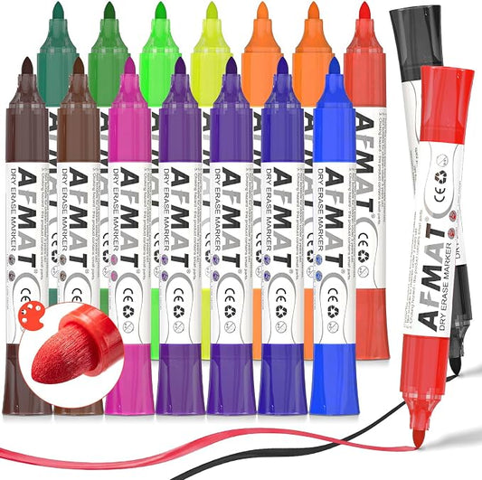 AFMAT Dry Erase Markers, 16-Count 16 Colors Whiteboard Markers, Bullet Tip, High-Capacity Liquid Ink for 1,700m Writing Length, w/Visible Ink Level, Low Odor Erasable for Teacher Office Classroom