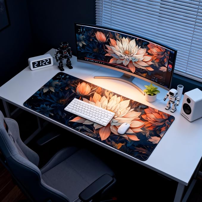Floral Aesthetic Lotus Gaming Mouse Pad, Blue Pink Japanese Desk Mat with Anti-Slip Base & Stitched Edges, Office Supplies & Desk Decor for Women, 35.4" x 15.7" in Home Office Essentials