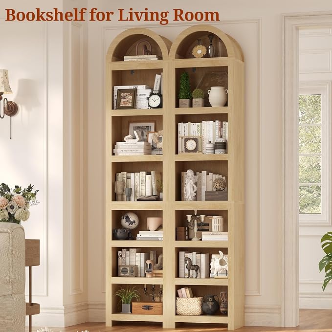 76" Tall Narrow Arched Bookcase,7-Teir Mid-Century Modern Bookshelf,Adjustable Shelves offering More Storage Space for Living Room,Kitchen,Home Office,Oak