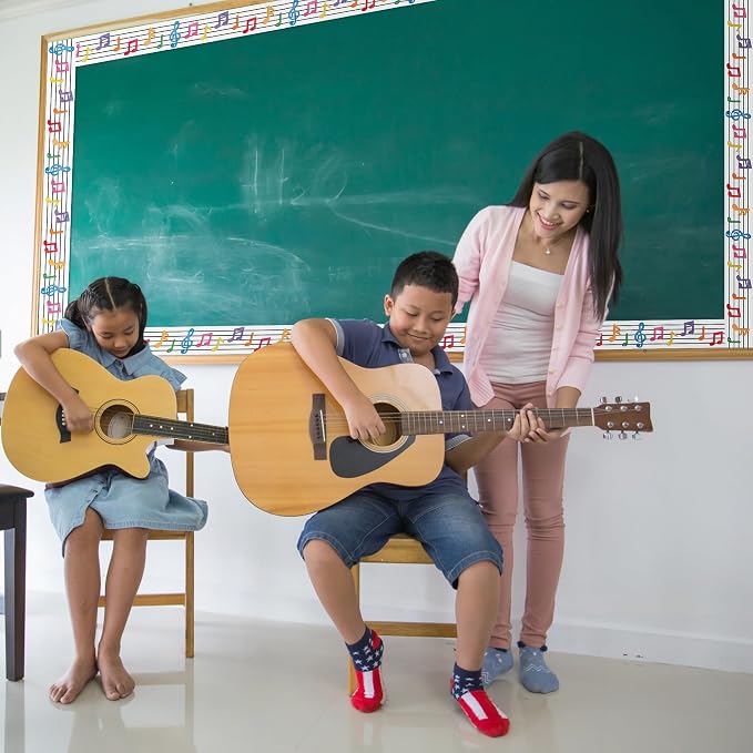 BeYumi Musical Notes Border Trim - 65ft Back to School Musical Notes Straight Rolled Border Trim Pastel Watercolor Bulletin Board Borders Music Themed School Classroom Office Chalkboard Party Decor