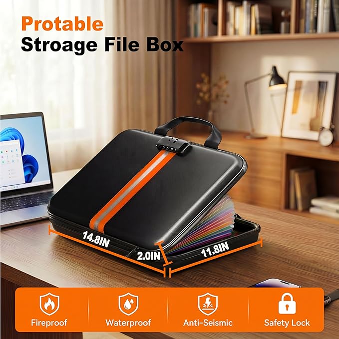 Fireproof Accordion File Organizer with Lock,Hard-Shell Fireproof Document Box with 13 Pockets for Certificates, Passports Laptop Important Documents Portable Home Office Travel Safe Storage