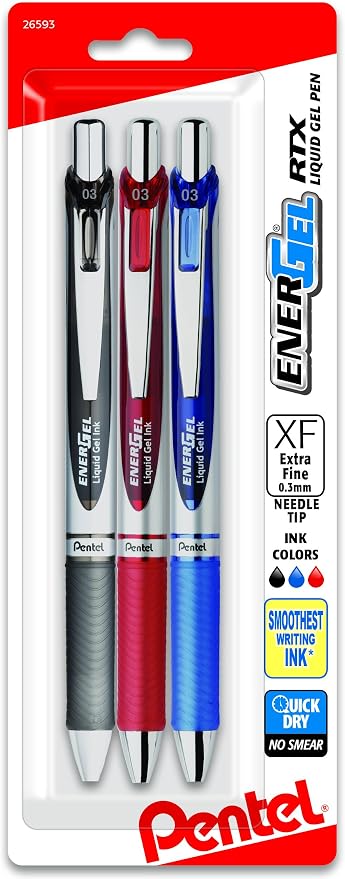 Pentel EnerGel RTX Retractable Liquid Gel Pen, (0.3mm) Needle Tip, Extra Fine Line, Assorted Ink, 3-Pk (BLN73BP3M)