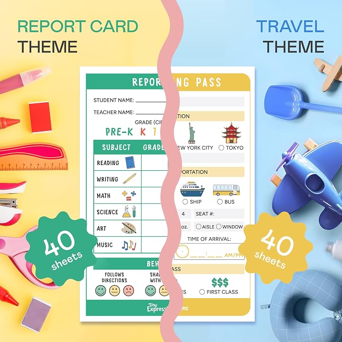 Kids Pretend Play Notepads - Boarding Pass & Report Card | 40 Pages Boarding Pass Notepad, 40 Pages Classroom Report Card Notepad, Travel Booking Agent &Teacher Imaginative Role Play