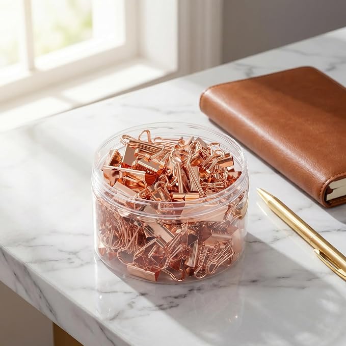 Rose Gold Binder Clips, 100PCS, Assorted Sizes | Solid Metal, Stainless Steel Handle, Aesthetic Desk Supplies, Office School Crafts & Document Organizing