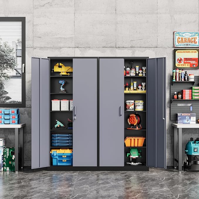 Fesbos Metal Cabinet Steel Storage Cabinet - 71” Tall File Cabinets with Lockable Doors and 5 Adjustable Shelves Black&Gray Steel Storage Cabinets for Home, School, Office, Garage