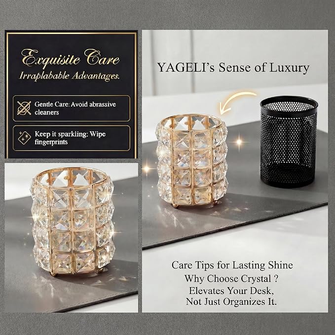 YAGELI Crystal Pen Holder for Desk, 3.58" Gold/Silver Pencil Cup | Crystal & metal base. Holds pens, pencils, makeup brushes, art supply. Easy to clean. Elegant decor for desk, vanity, office