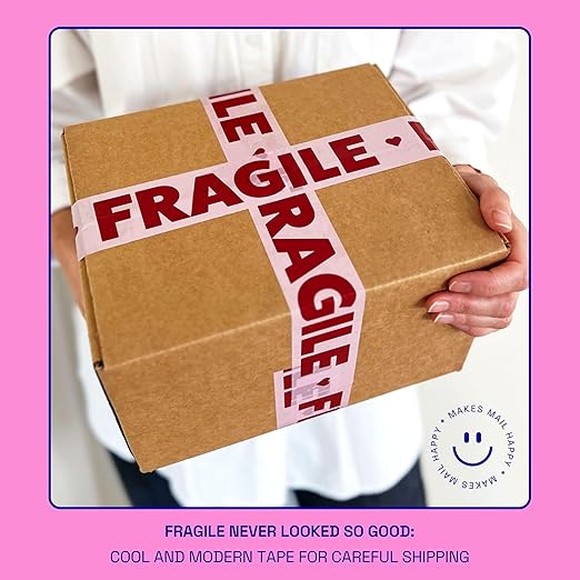 Fragile Packing Tape with Pink Dispenser – Pink & Burgundy Heart Design, 1.88" x 22.2 Yards – Packaging Tape for Moving Boxes, Small Business, and Mailers