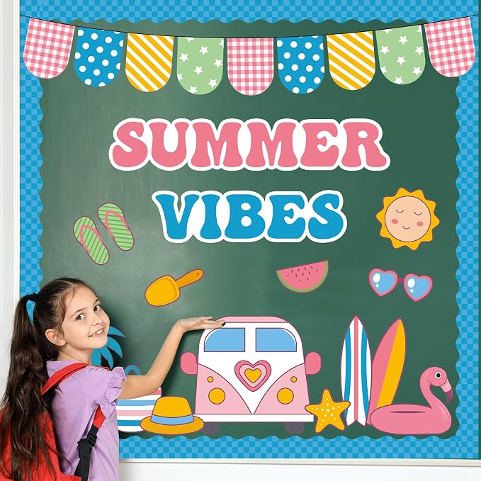 Hello Summer Bulletin Board Set Beach Theme Classroom Bulletin Board Decorations Surfing Tropical Palm Cutouts for Back to School Bus Teacher Supplies Nursery Home Chalkboard Wall Door Decor