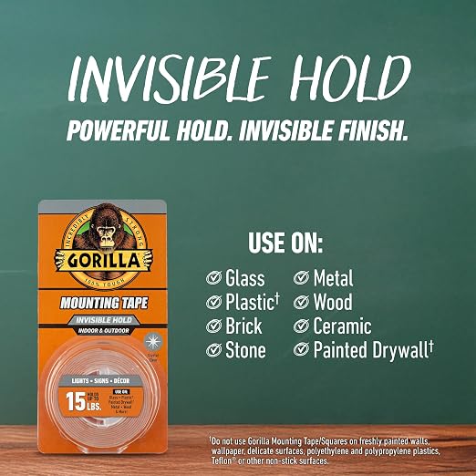 Gorilla Invisible Hold Mounting Tape, Holds Up to 15 lbs, Clear, 1" x 60" | Clear Double-Sided Tape for Strong, Permanent Bond, Discreet Adhesive for Classroom and Study Space Setup