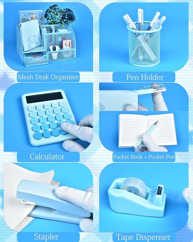23pc Blue Desk Accessories and Organizers with Mesh Organizer Stapler Tape Dispenser Calculator and a Lot of Office Purple Office Supplies Beautifully Presented in a Gift Box