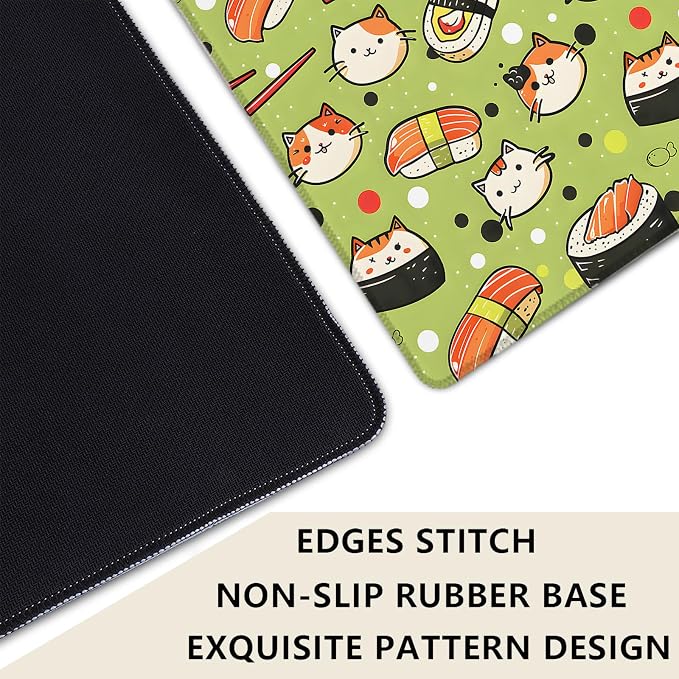 Sushi Cat Green Extended Mouse Pad 31.5x11.8in, Cute Food Pattern Large Desk Mat with Non-Slip Rubber Base, Big Mousepad for Laptop Computer PC, Gaming Office Home Decor, Deskmat Gifts