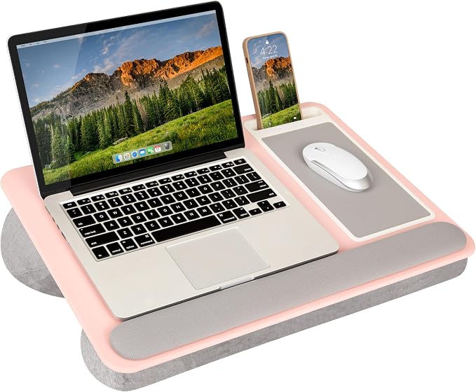 LAPGEAR Home Office Pro Lap Desk – Pink, Fits 15.6” Laptops | Built-In Mouse Pad & Phone Slot, Wide Cushioned Wrist Rest, Dual-Bolster Microbead Cushion, Carry Handle