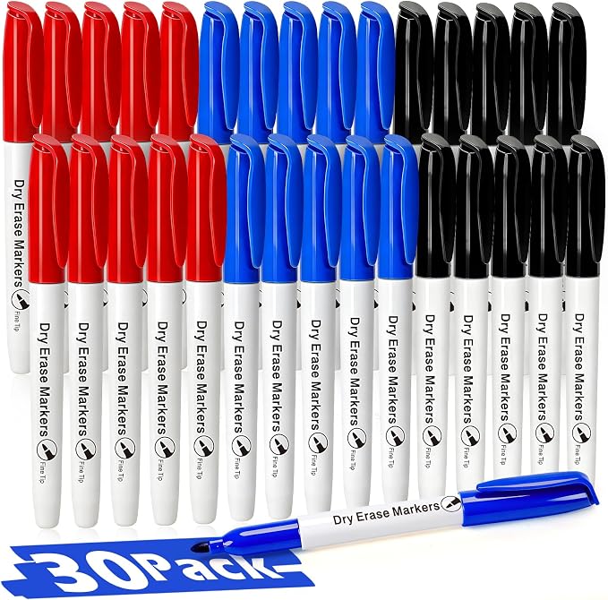 Duchong 30 Count Dry Erase Markers, Fine Tip Whiteboard Markers with Black Red Blue Color