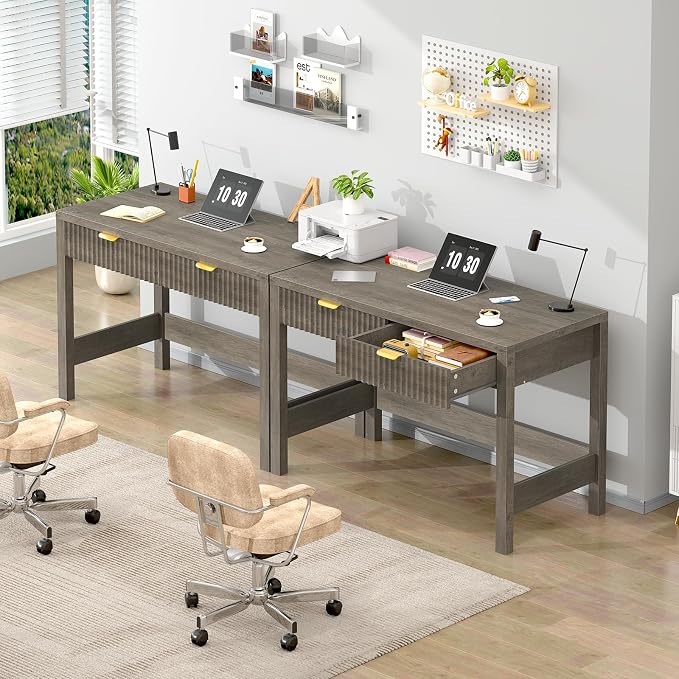 39 Inch Small Fluted Computer Desk with 2 Drawers for Bedroom, Home Office | Small Computer Desk with Storage, Compact Writing Study Desk for Small Spaces, Grey