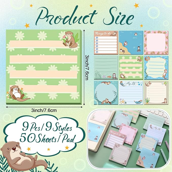 9 Pads Otter Sticky Notes, 3x3 Inch Cute Stick Notepads | Adhesive Memo Notes Pad, Coworker Gifts, Office Supplies Decor, Desk Accessories for Students, Teacher, Meeting
