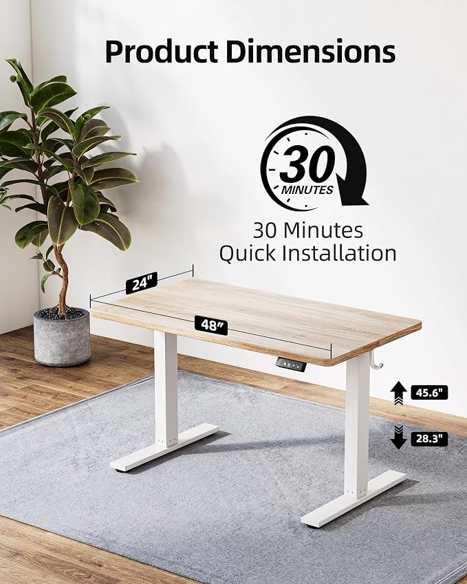 TIQLAB 48 X 24 Inch Height Adjustable Electric Standing Desk, Maple | Smooth Height Adjustment, 2 Memory Presets, One-Touch Control, Stable Steel Frame, 176 lbs Capacity, Easy Assembly