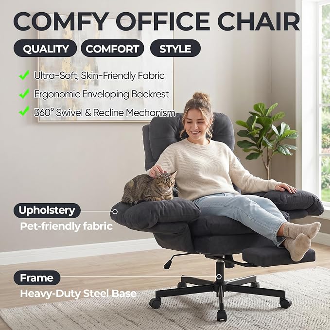 Criss Cross Office Chair with Foot Rest, Big and Tall Desk Chair with Flip Armrests for Pets & Cross Legged Sitting, Comfy Executive Ergonomic Office Reclining Computer Gaming Vanity Chair, Gray