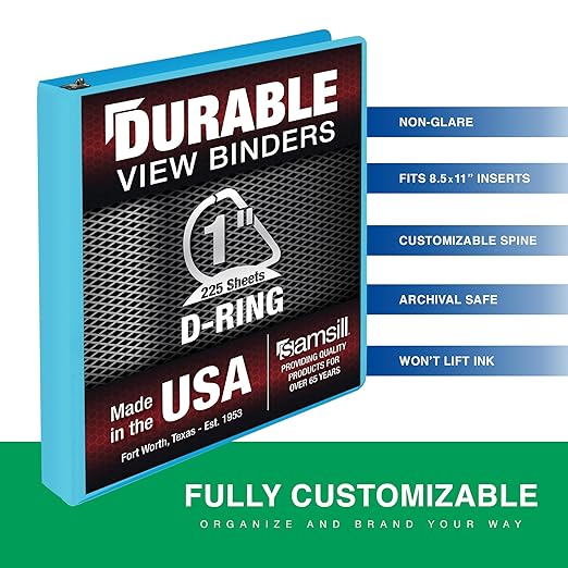Samsill Durable 1 Inch Binder, D Ring Binder, Customizable Clear View Cover, Sky Blue, Holds 225 Pages