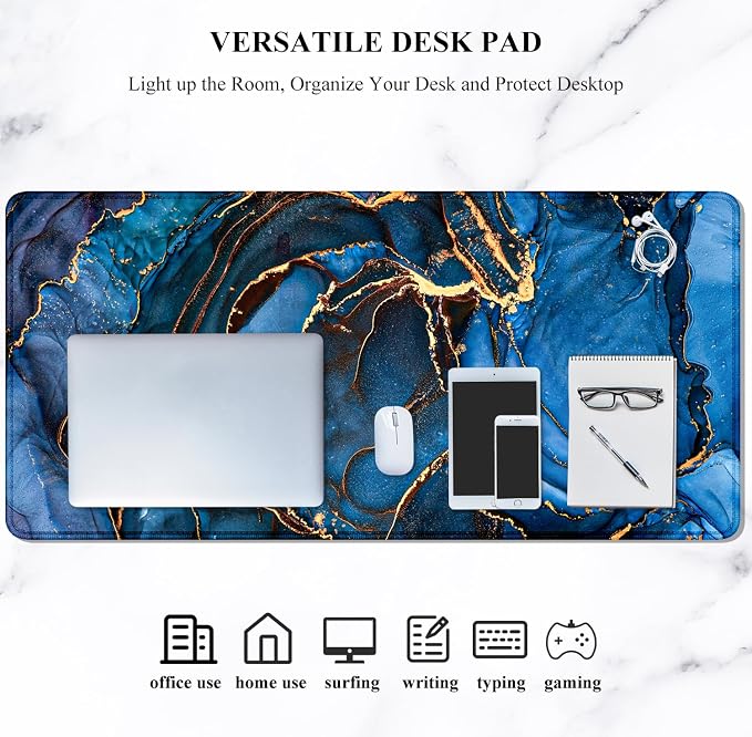Auhoahsil Large Mouse Pad, XXL Desk Pad, Extened 35" x 15", Non-Slip Rubber Base, Stitched Edges, Superior Surface, Waterproof Keyboard Mat, Large Mousepad for Gamer, Office & Home, Dark Blue Marble
